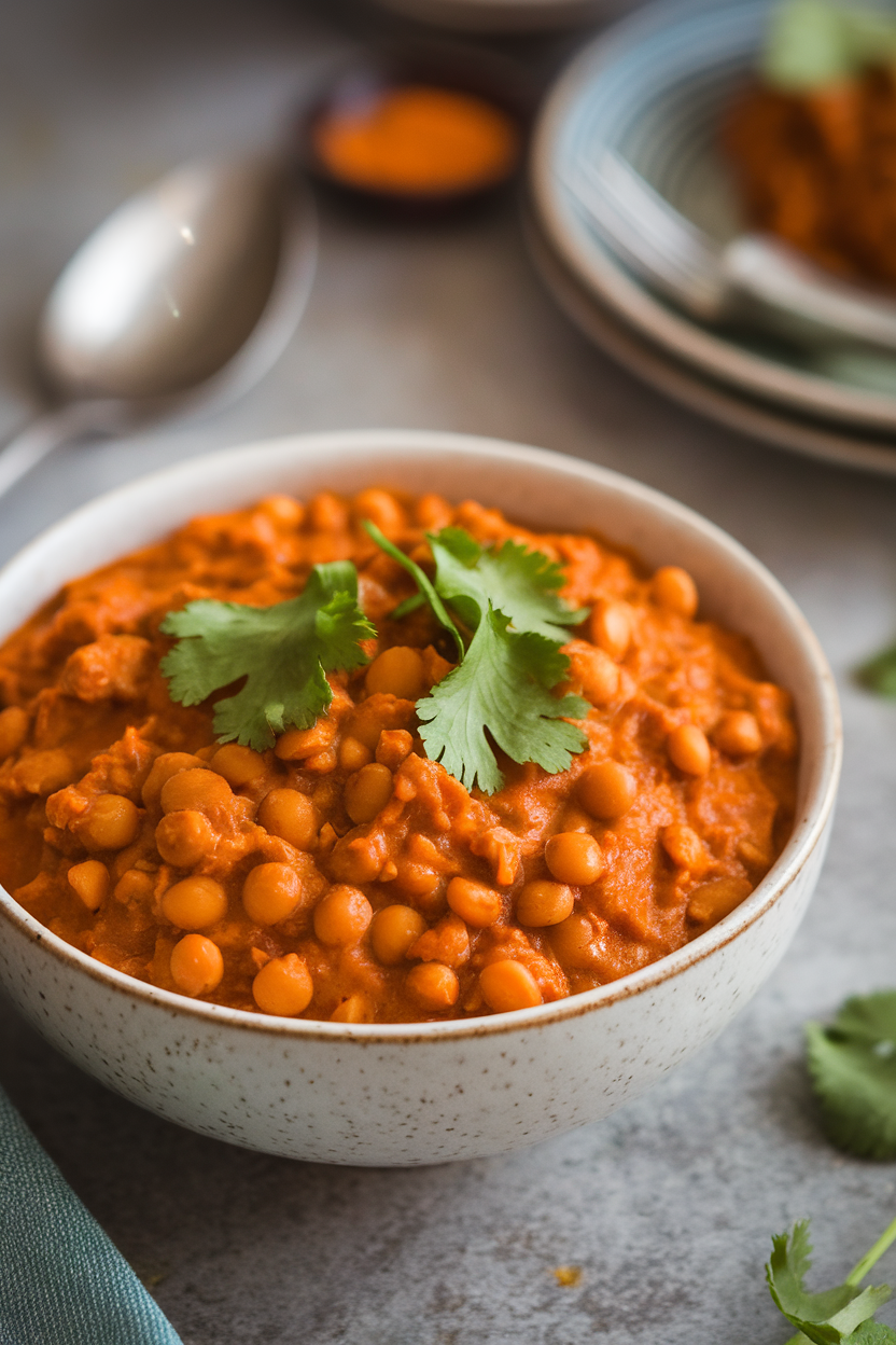 Indoor photo of orange butternut lentil chili with curry spices, cilantro leaves on top; no text or logos.