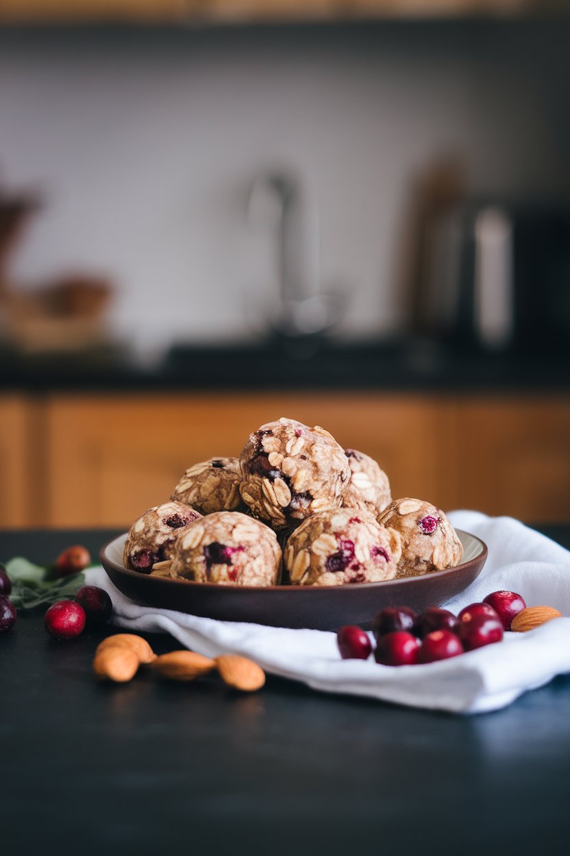 An indoor countertop with a small plate of round oat, cranberry, and almond butter energy bites. Photo, no text or logos.