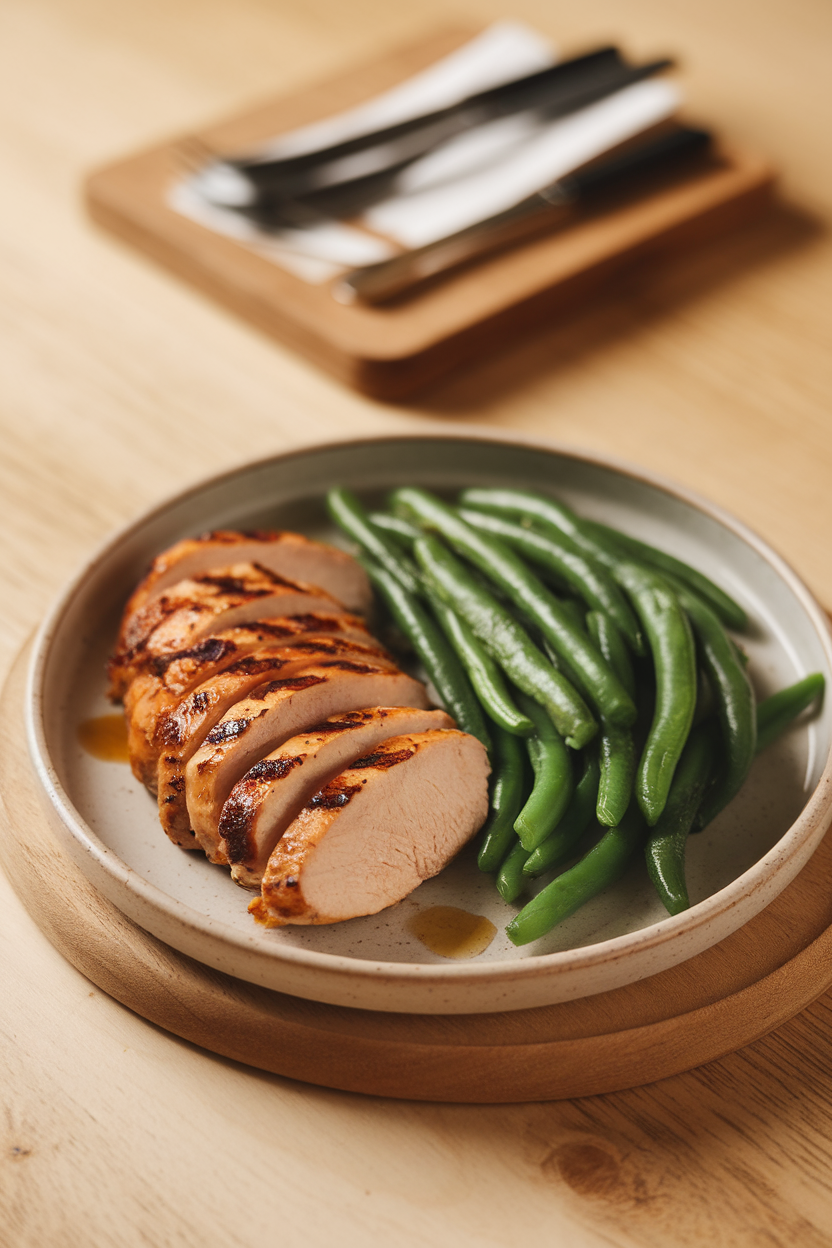 Indoor photo of grilled chicken breast slices arranged beside steamed green beans on a simple ceramic plate; no text or logos.