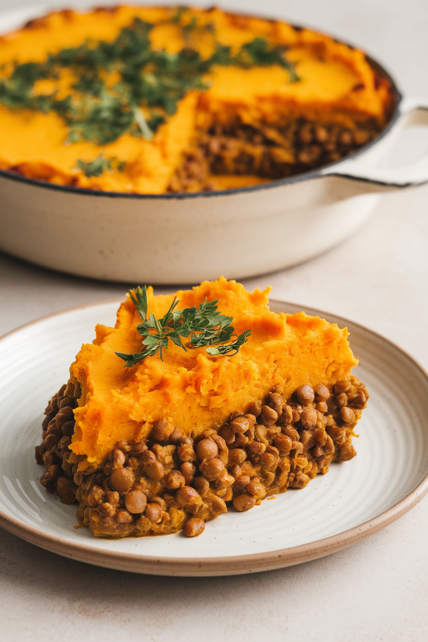 Indoor photo of a portioned lentil shepherd’s pie showing curried lentil filling and orange sweet potato mash top on a plate. No text or logos.