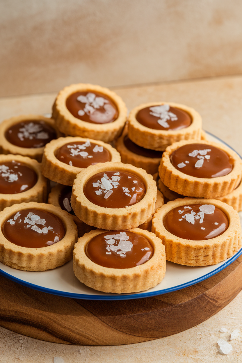 Indoor photo of round shortbread cookies each filled with glossy salted caramel and sprinkled with flaky sea salt; no text or logos.