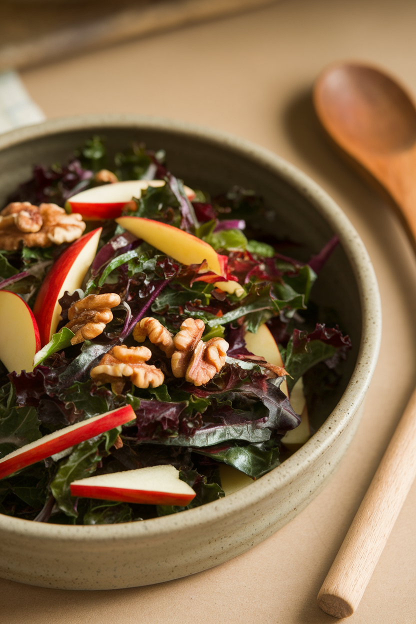 Photo of a colorful slaw featuring dark kale ribbons, red apple matchsticks, and walnut pieces in a ceramic bowl indoors. No text or logos.