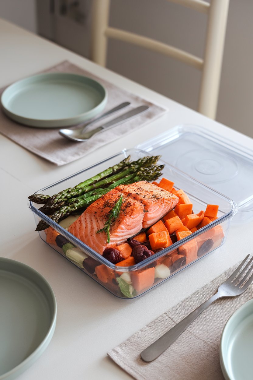 An indoor dining table showing a meal-prep container with flaky baked salmon fillet, roasted asparagus, and sweet potato cubes. No text or logos; photo only.