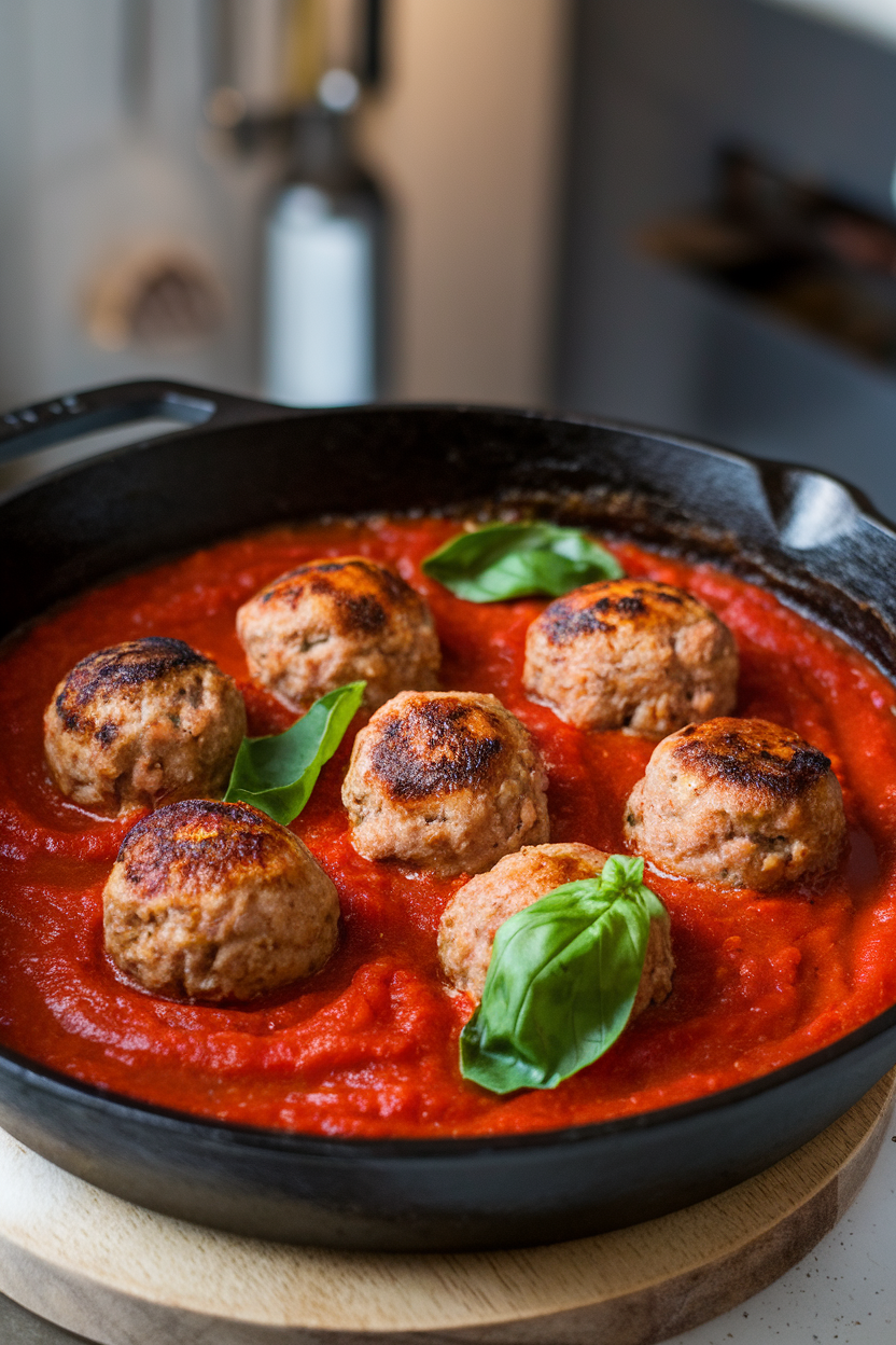 Indoor photo of baked turkey meatballs simmering in tomato sauce inside a cast-iron skillet; no text or logos