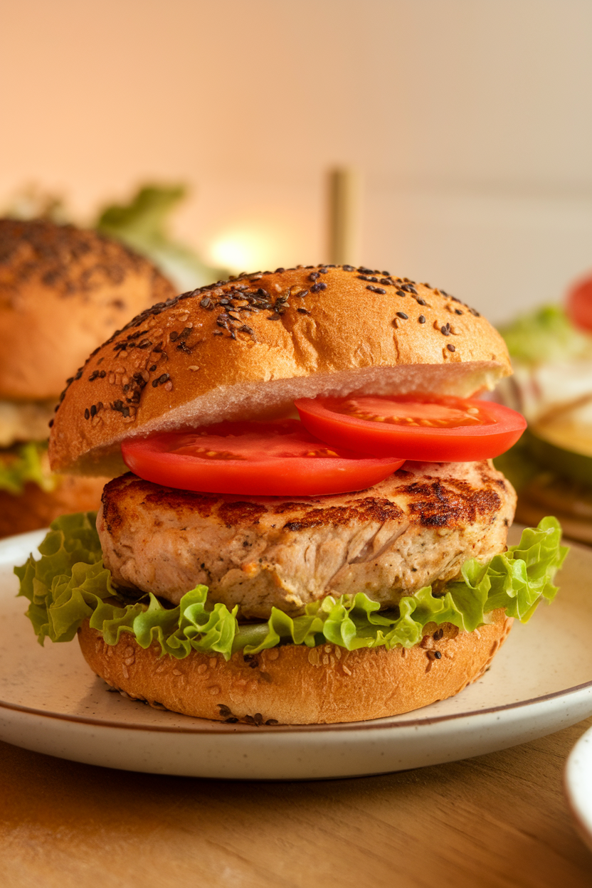 Photo of a cooked chicken-zucchini burger on a seeded bun, topped with tomato slices and lettuce; warm indoor lighting; no text or logos; photo, not illustration