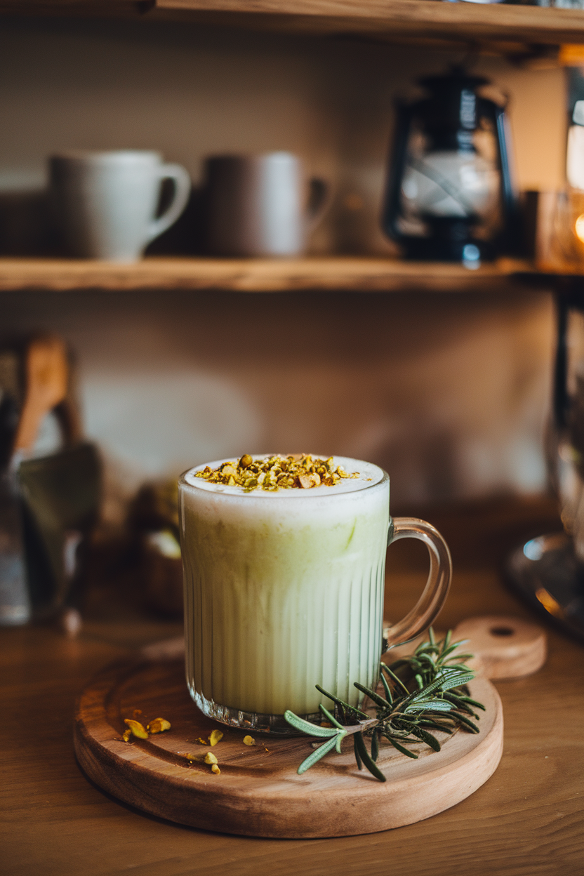 Indoor coffee bar presenting a glass mug of pale green creamy latte-style cocktail topped with finely chopped pistachios. No text or logos; photograph, not illustration.