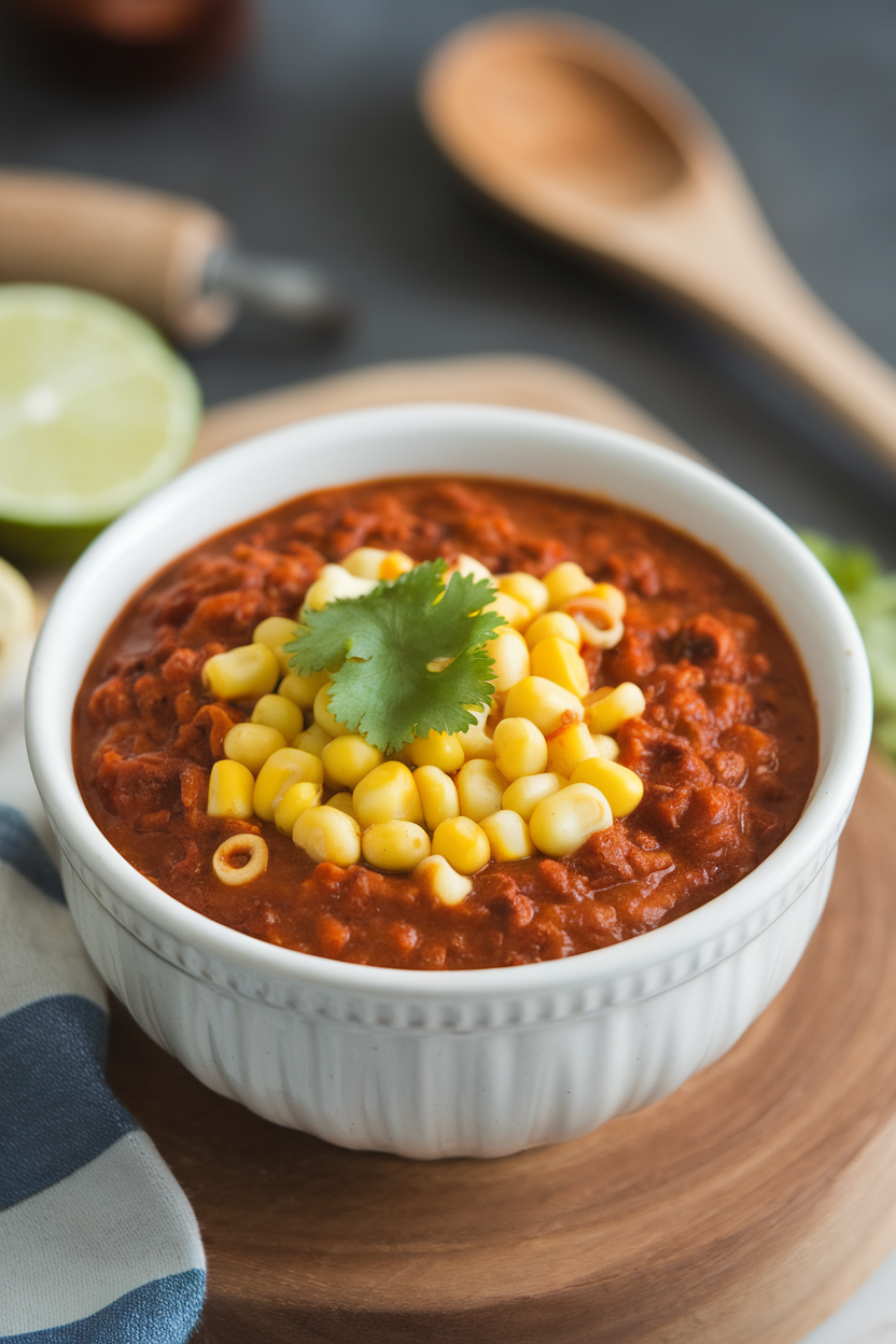 Indoor photo of corn-filled chili with smoky chipotle swirl, cilantro sprig on top; no text or logos.