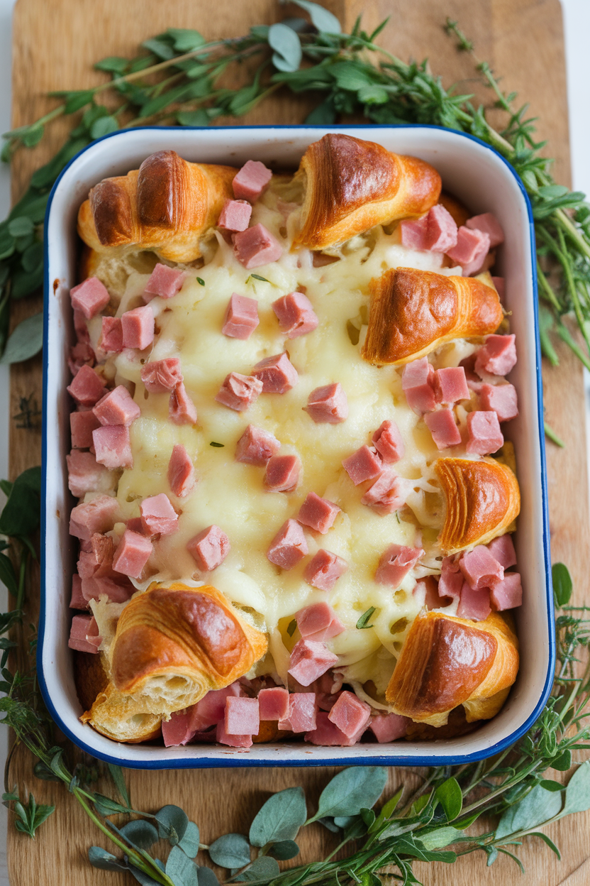 An indoor casserole dish with torn croissants, diced ham, and melted Swiss bubbling on top, photographed slightly overhead, no text or logos.