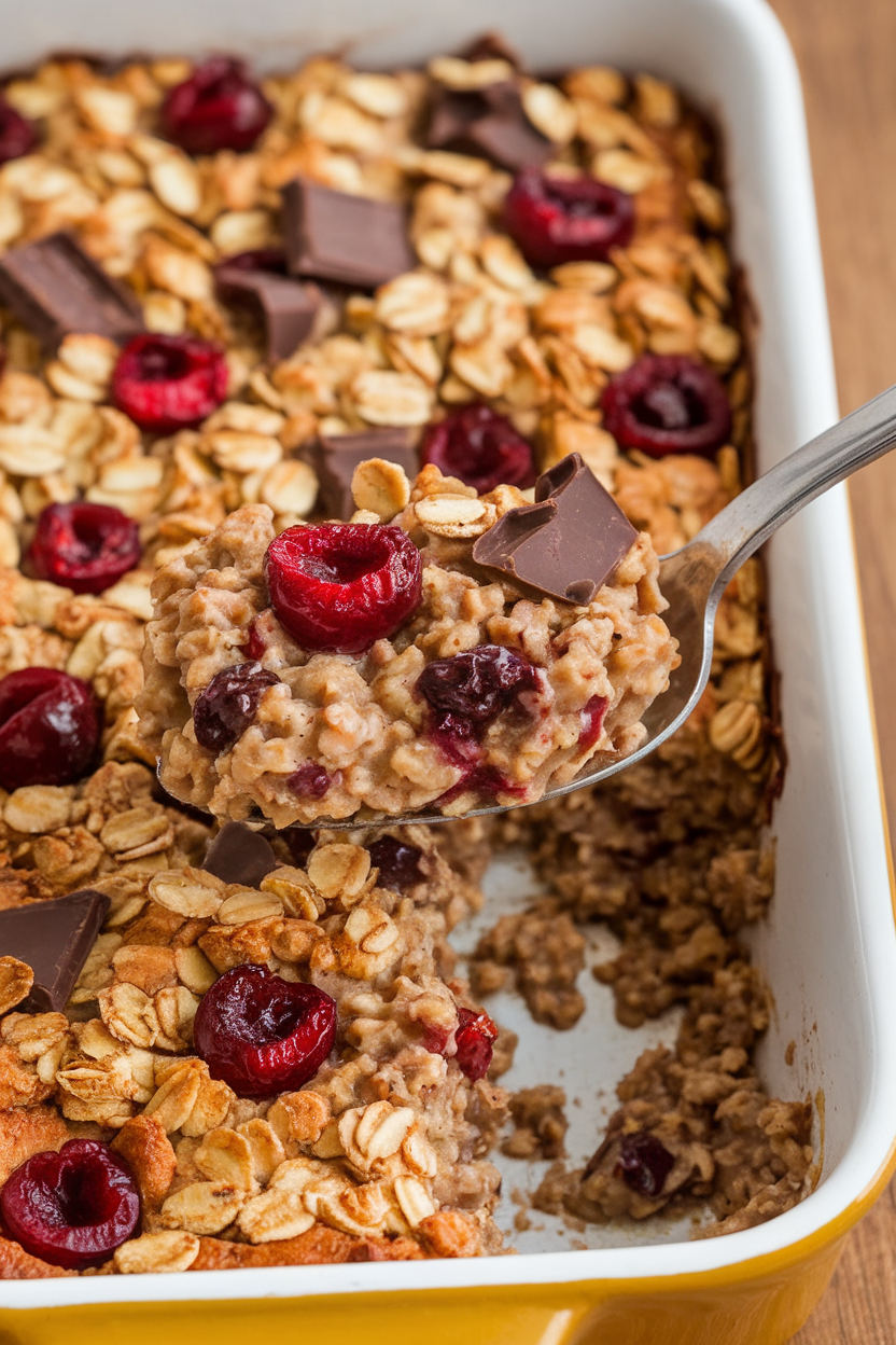 An indoor baking dish filled with hearty baked oatmeal speckled with tart cherries and melted chocolate chunks, a spoonful served out. No text or logos. Photo, not illustration.