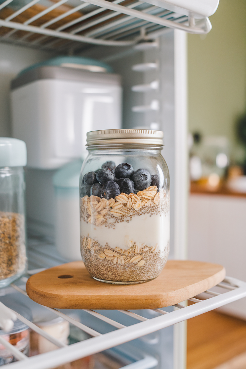 Indoor photo of a mason jar layered with oats, chia seeds, blueberries, and milk on a refrigerator shelf, no text or logos