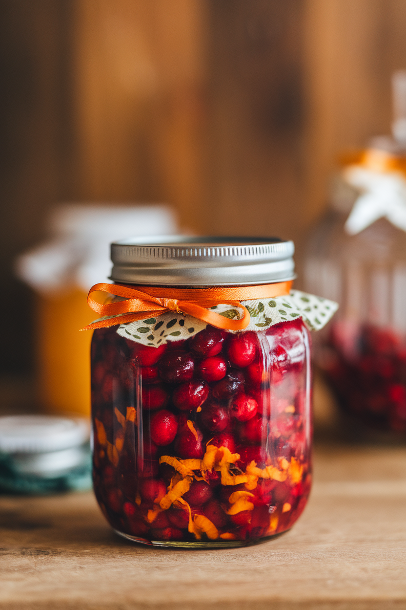 A small glass jar indoors filled with chunky cranberry orange relish, zest curls on the lid side. Photo, no text or logos.