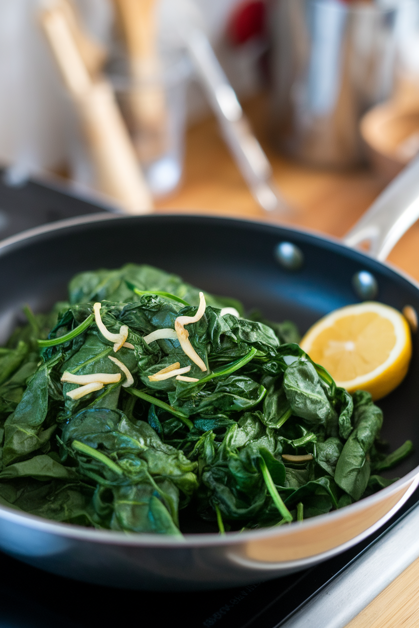 Skillet indoors with bright green wilted spinach and garlic slivers, lemon wedge on side, no text or logos
