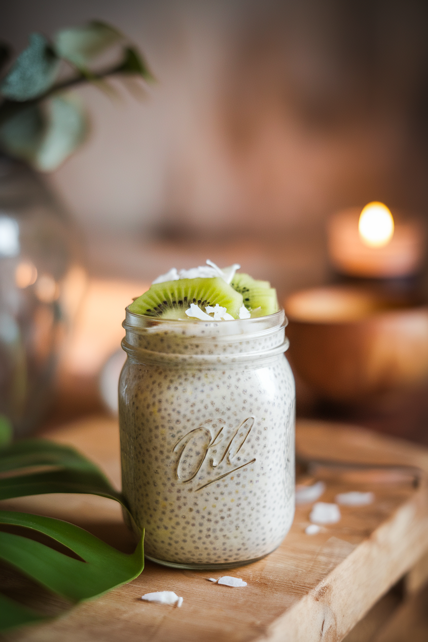 Indoor photo of a mason jar filled with vanilla chia pudding topped with sliced kiwi and coconut flakes. Morning light, no text or logos.