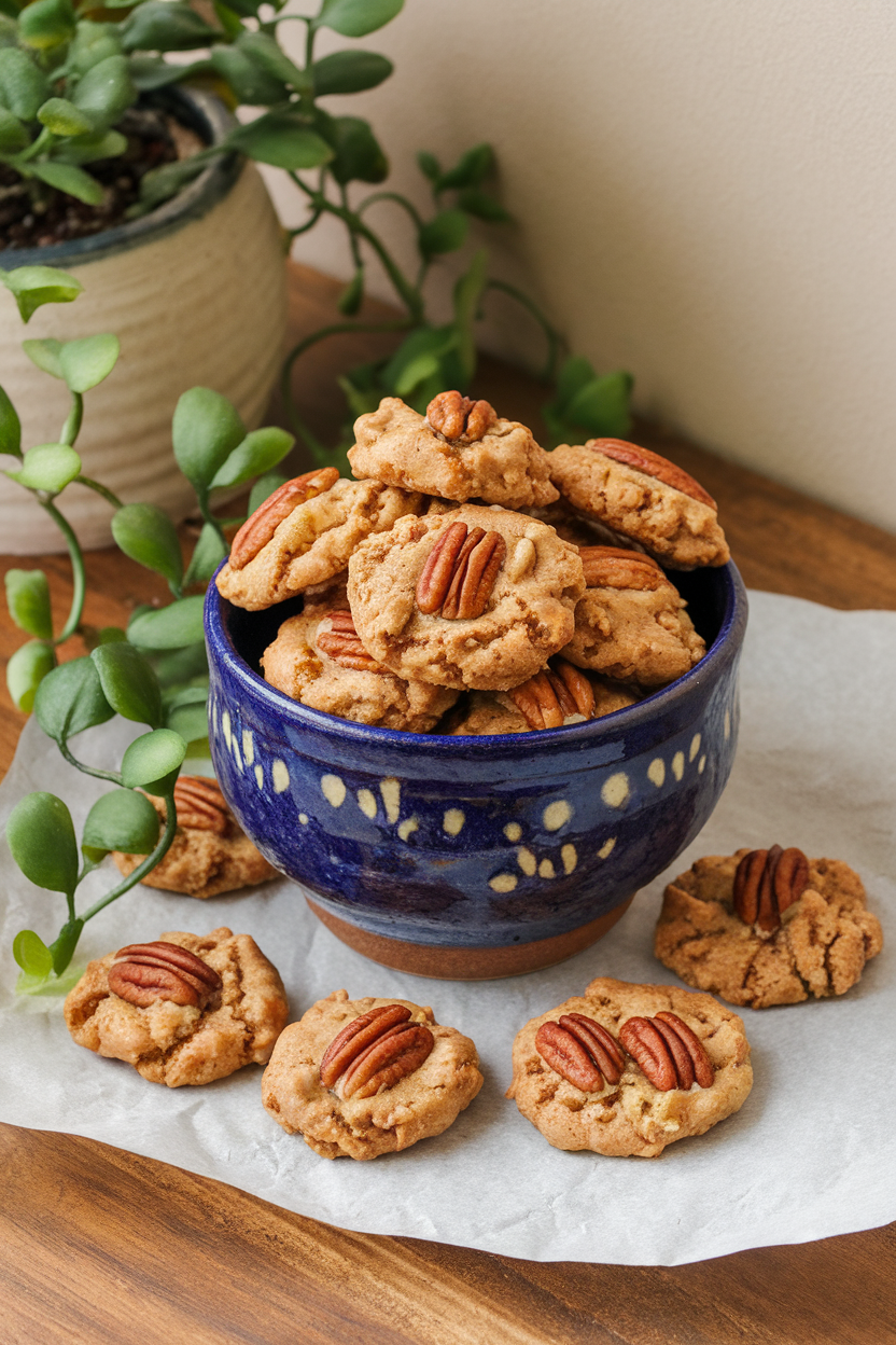 Photo prompt: Indoor table with no-bake pecan cookies set on wax paper, no branding.