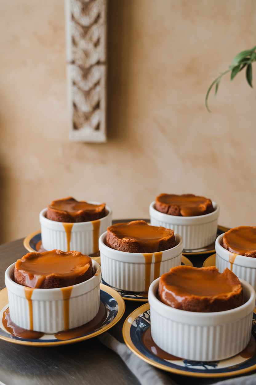 Individual ramekins of sticky toffee pudding topped with warm sauce, photographed on an indoor table. No text or logos.</Prompt