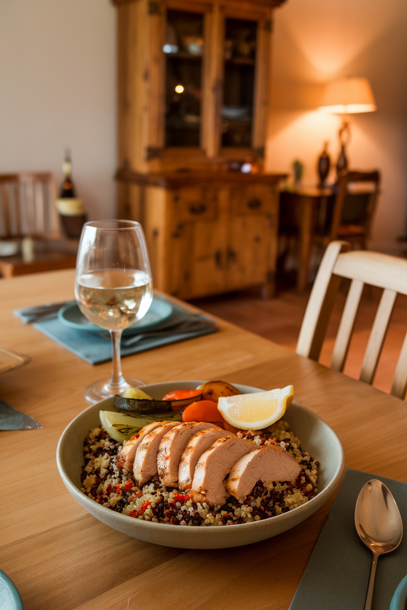 Photo of an indoor dining table with a shallow bowl of grilled chicken slices over tricolor quinoa, roasted vegetables, and a lemon wedge. No visible text or logos.