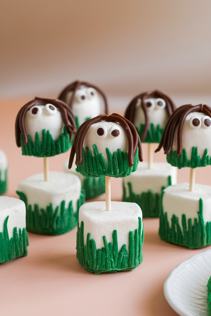 Indoor tabletop with marshmallows on lollipop sticks dipped in green candy melt, chocolate hair, and candy eyes, no text or logos.