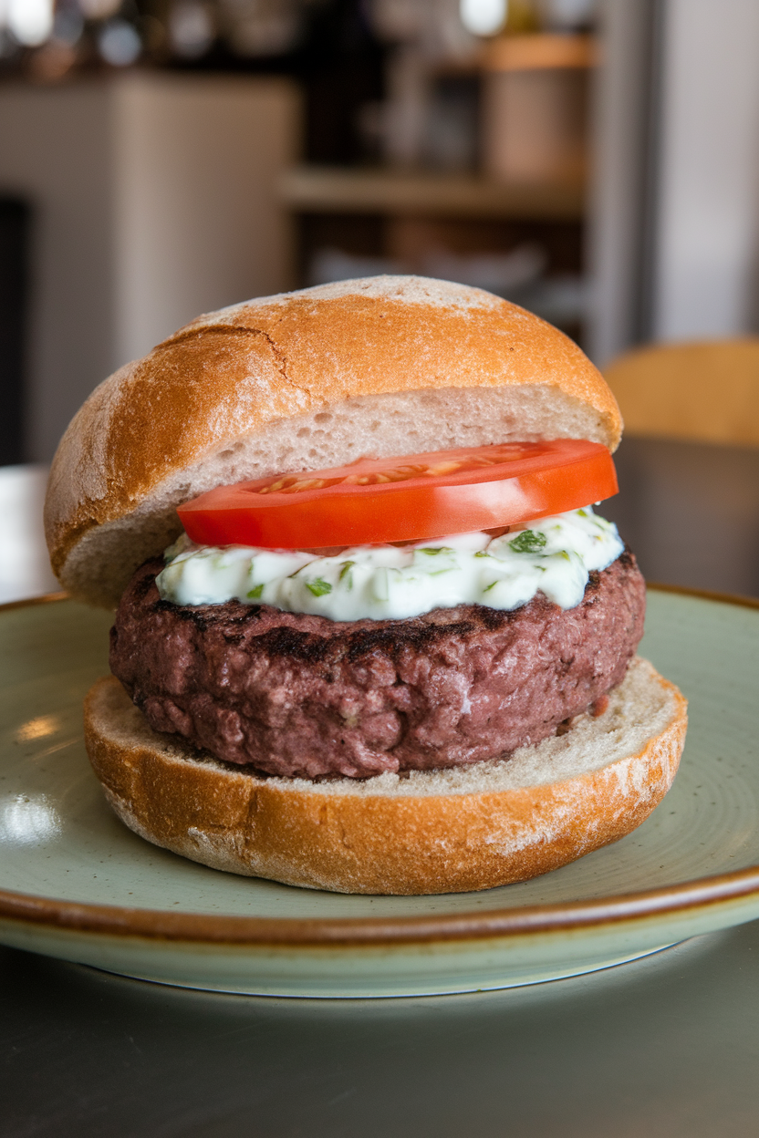 Cooked bison burger patty topped with cucumber yogurt sauce and tomato on a whole-grain bun, indoor plate, no text or logos.
