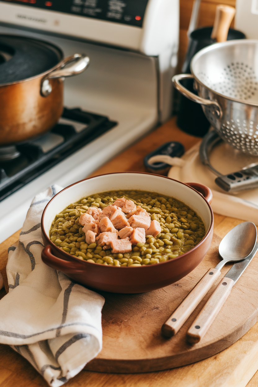 Indoor kitchen scene with a bowl of thick green split pea soup featuring diced smoked turkey. No logos or text.