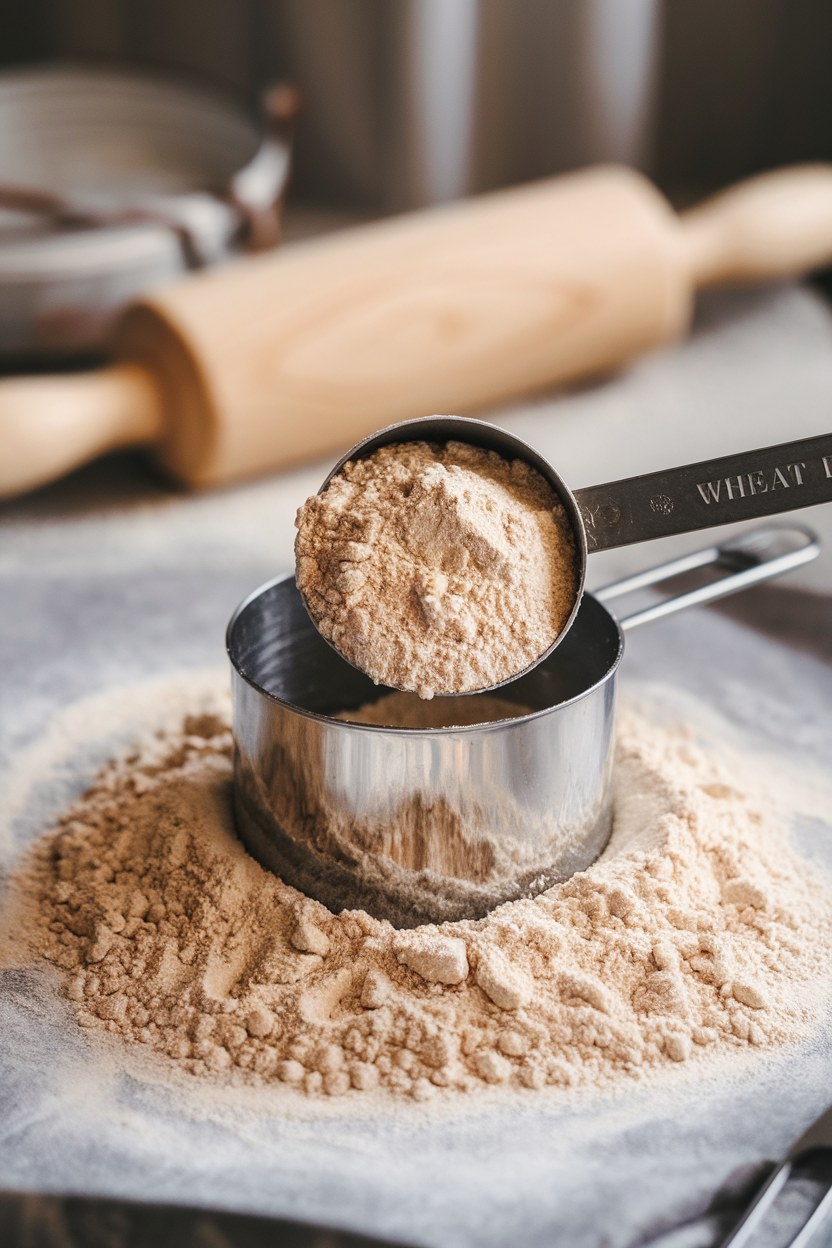 An indoor baking scene with a scoop of whole wheat flour overflowing a metal measuring cup, soft focus rolling pin in background, no text or logos, photo.
