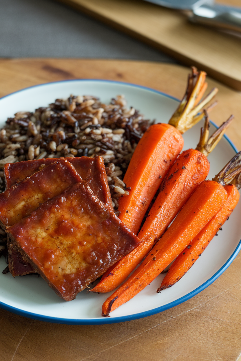 Indoor photo of glazed tempeh slices, wild rice, and roasted heritage carrots on a plate. No text or logos.