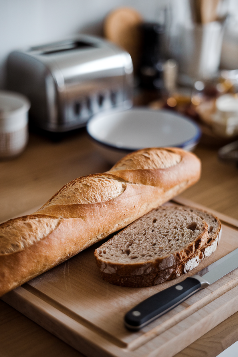 Indoor photo comparing a white baguette slice and a slice of whole-grain bread on a wooden cutting board; no text or logos.