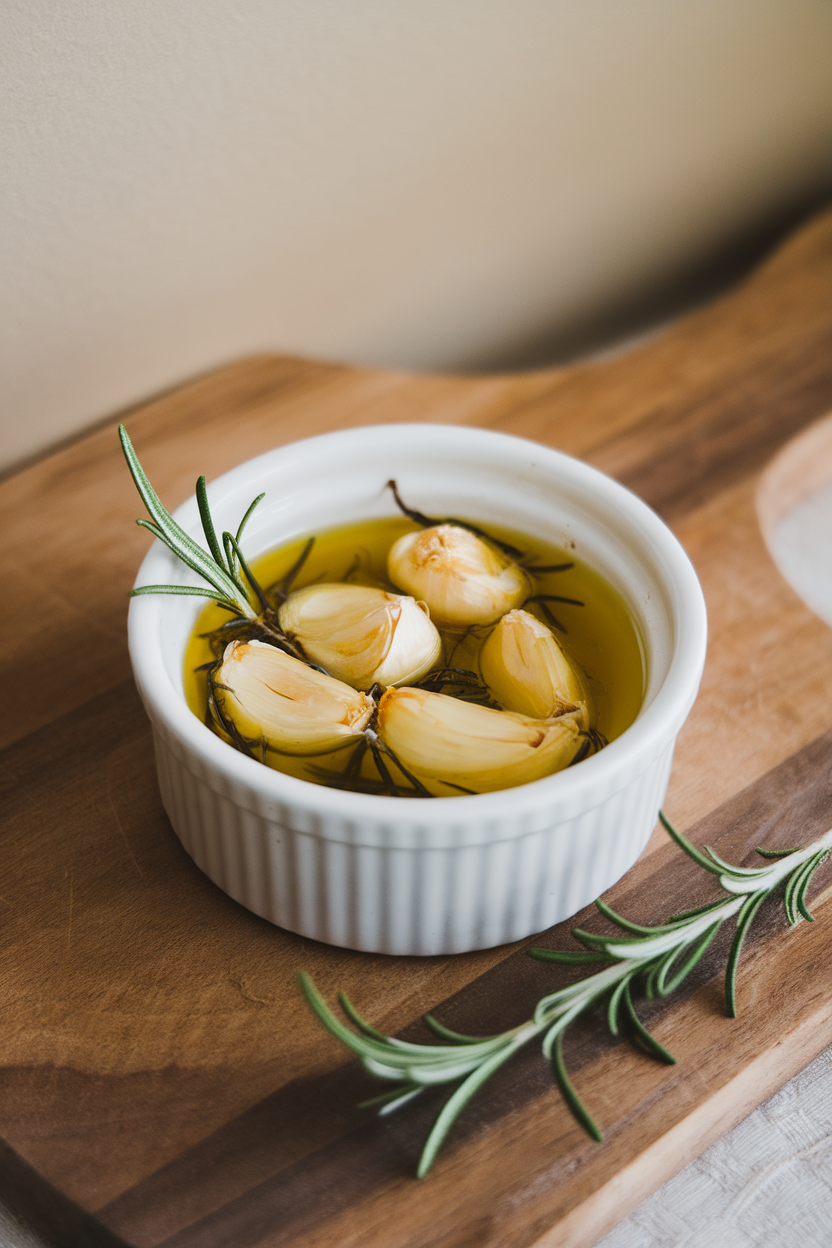 Small indoor ramekin filled with golden, roasted garlic cloves swimming in olive oil and rosemary sprigs. No text or logos.