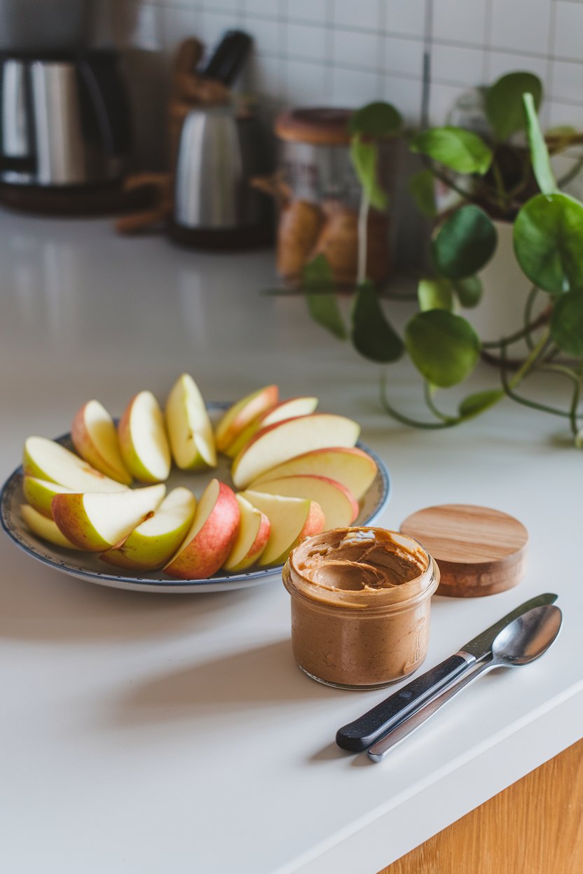 An indoor kitchen island displaying a plate of crisp apple wedges next to a small cup of creamy peanut butter. Photo, no text or logos.