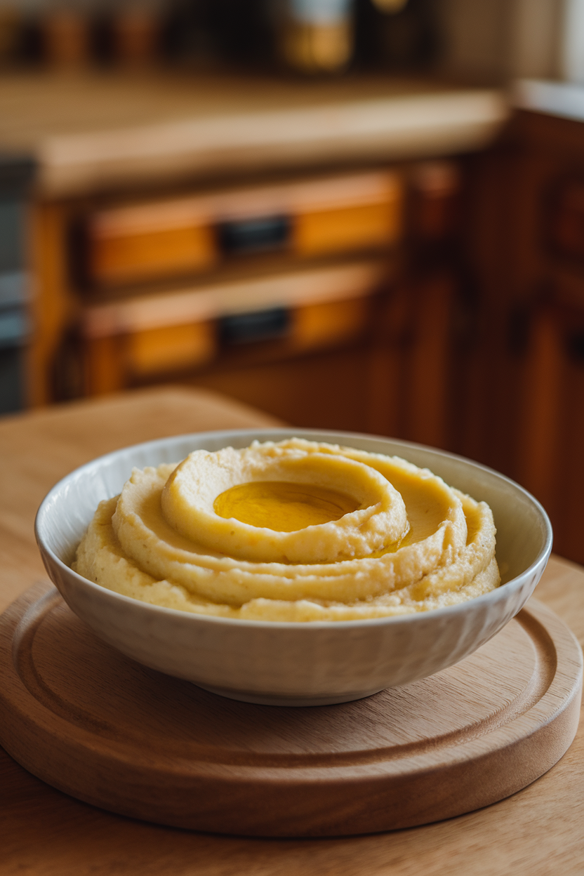 Photo of creamy mashed Yukon potatoes in a white serving bowl, a swirl of olive oil on top, indoor kitchen lighting. No text or logos.