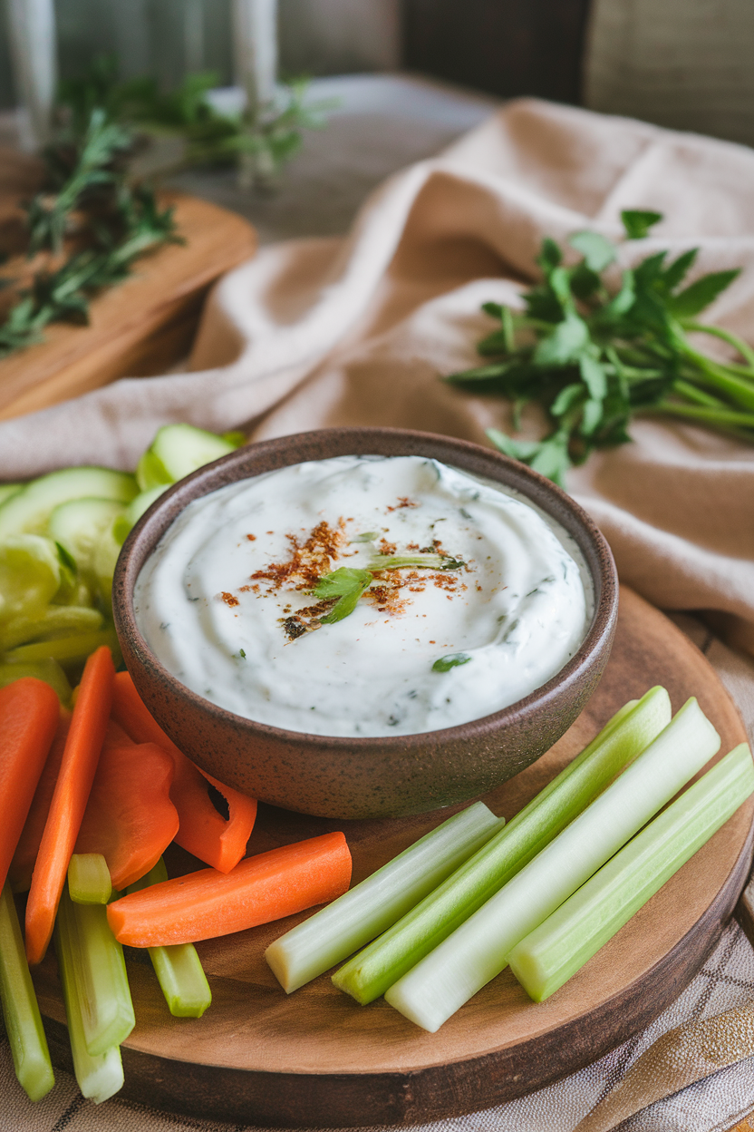Photo of an indoor bowl of tzatziki-style sauce made with Greek yogurt, garlic, and cucumbers beside fresh veggies for dipping. No text or logos.