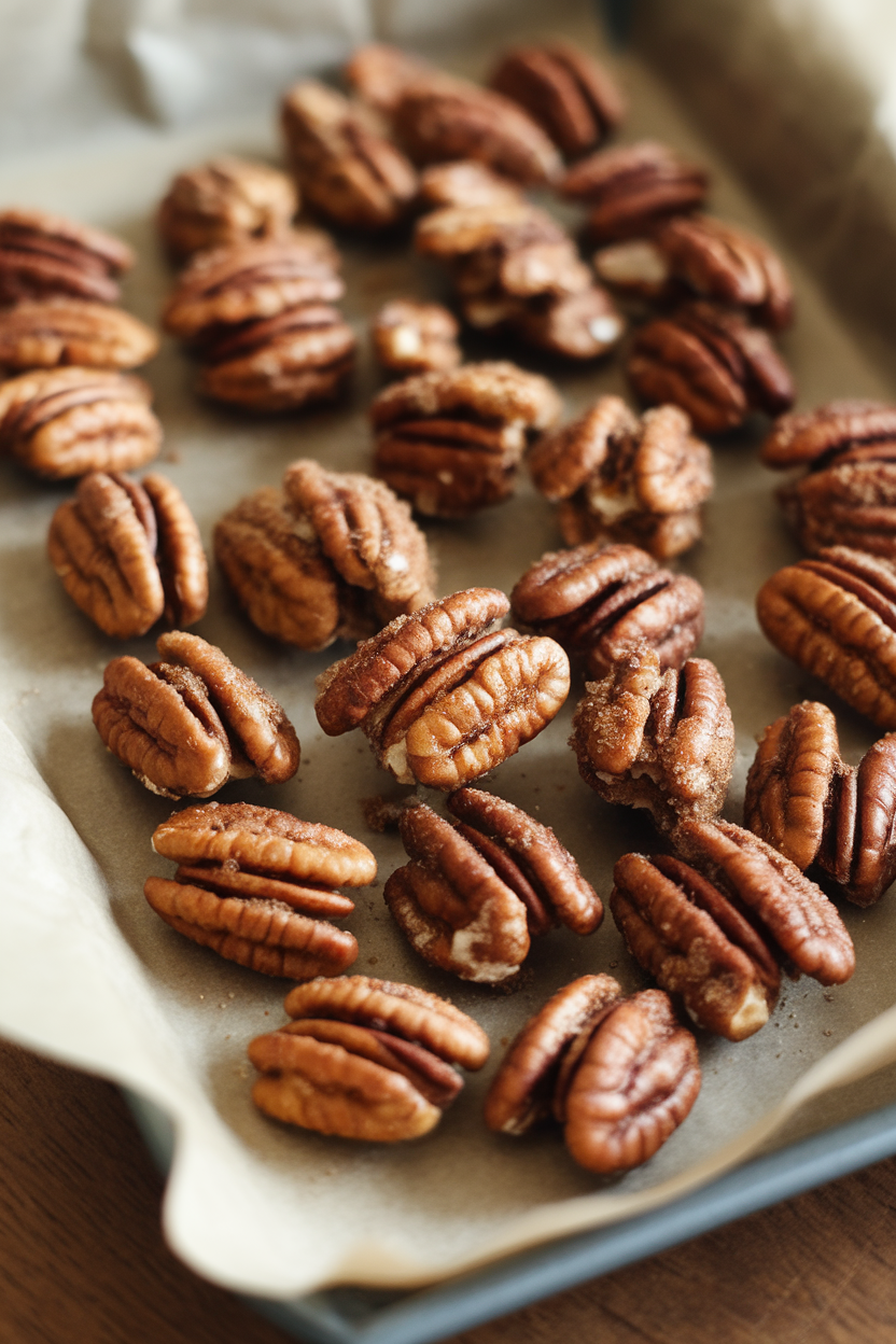 Photo indoors of a parchment-lined tray with clusters of glossy roasted pecans coated in cinnamon sugar, cooling. No text or logos anywhere.