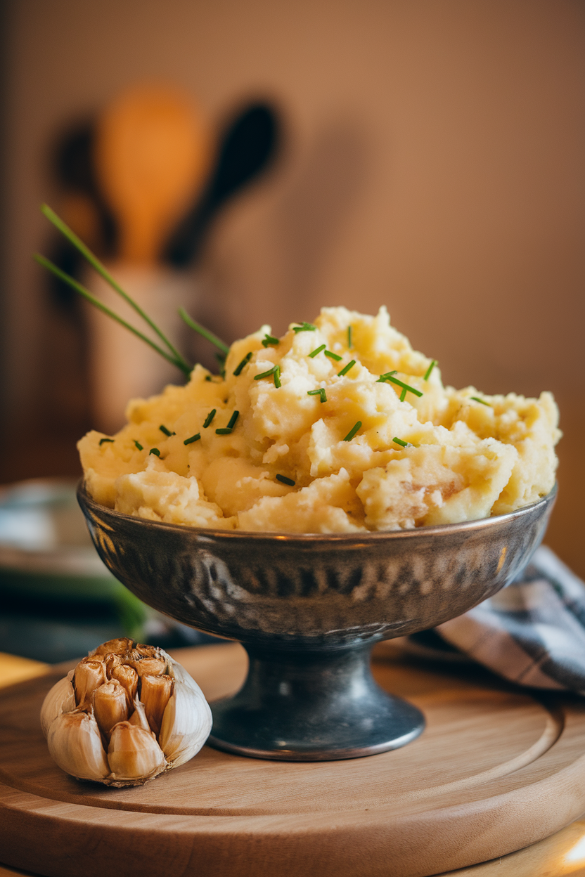 A serving bowl indoors overflowing with fluffy mashed potatoes dotted with green chives, roasted garlic bulb nearby. No text or logos. Photo.