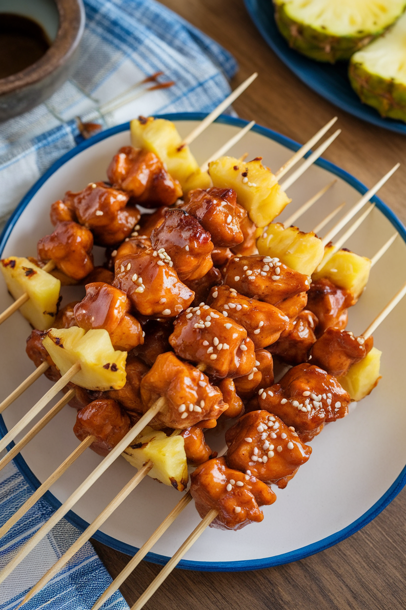 Indoor photo of a platter lined with bamboo skewers threaded with glazed, cooked chicken chunks and pineapple pieces, sesame seeds sprinkled on top. No text or logos.