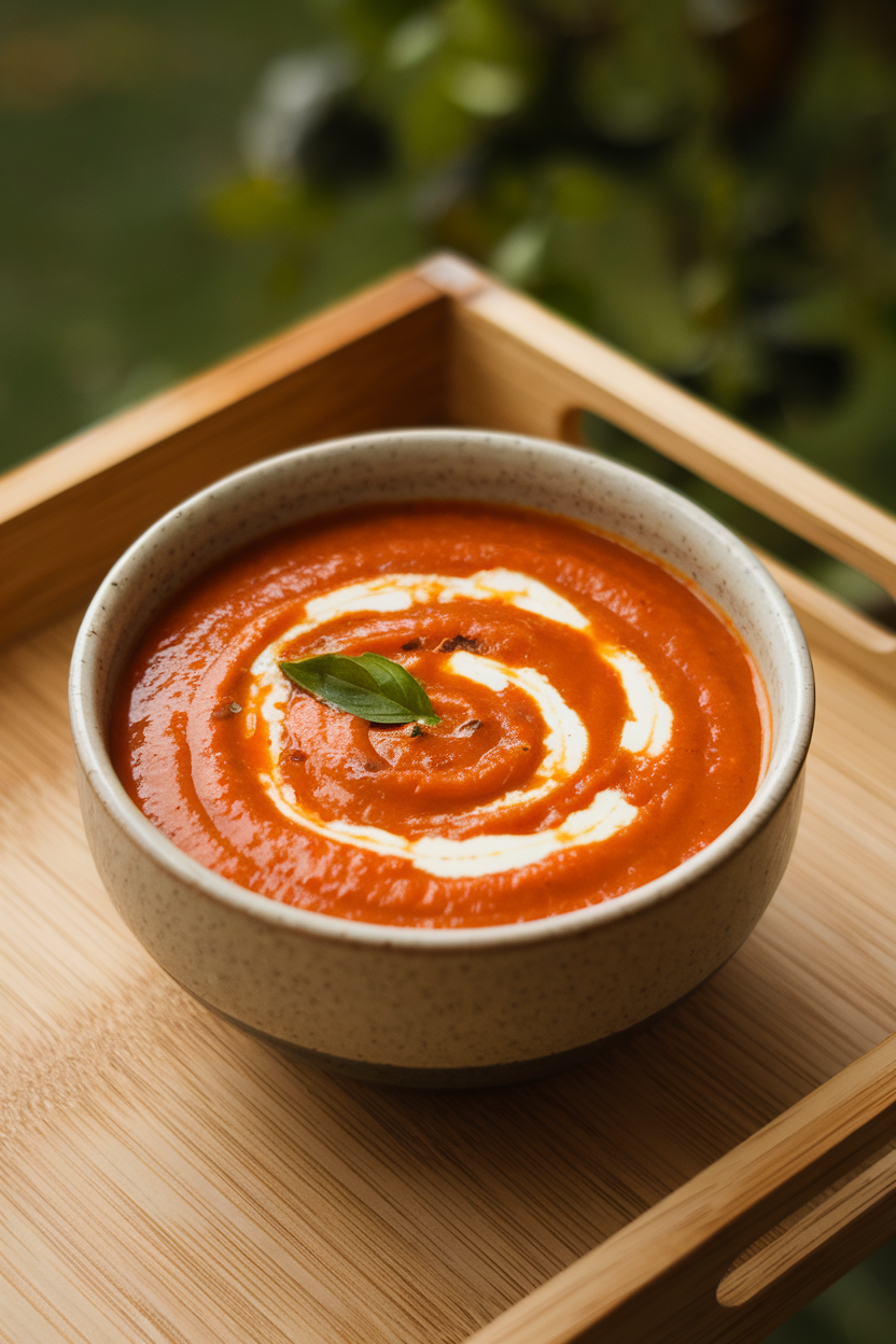 An indoor soup bowl of smooth roasted red pepper soup topped with a swirl of cream and tiny basil leaves. No text or logos present. Photo, not illustration.