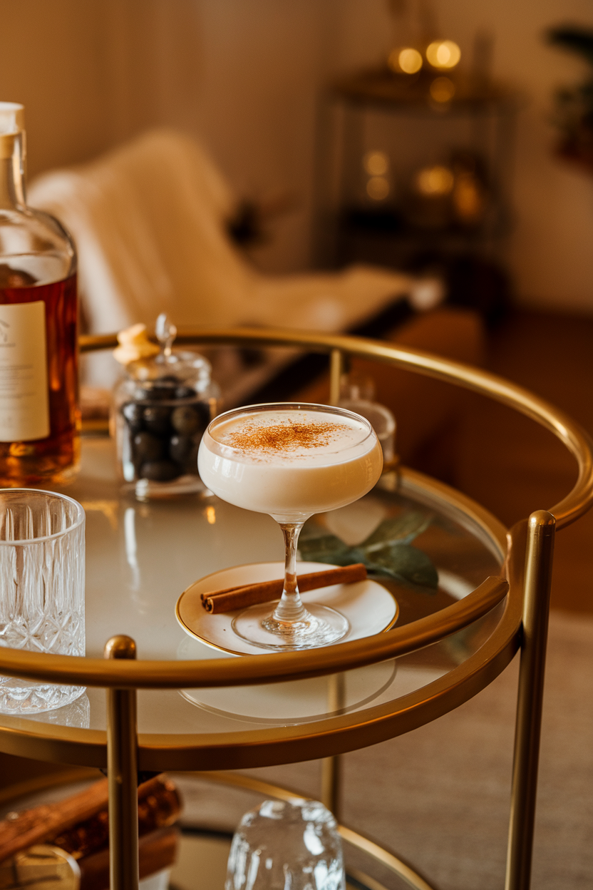 A warmly lit indoor bar cart showcasing a coupe glass filled with velvety eggnog, lightly dusted with freshly grated nutmeg, and a cinnamon stick resting on a saucer beside it. No text or logos anywhere in the scene; photograph, not illustration.