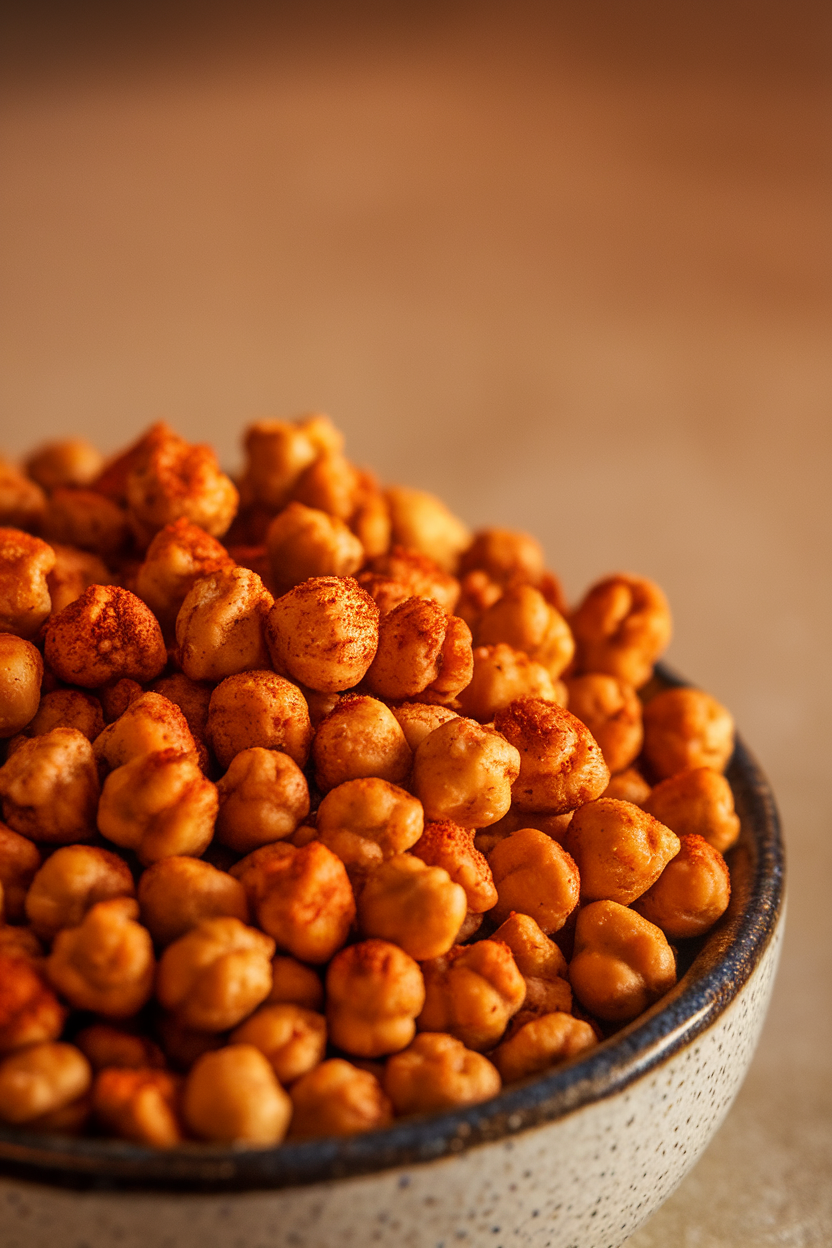 Indoor bowl filled with roasted chickpeas dusted in smoked paprika, photographed close-up to show crunchy texture. Neutral background, warm lighting, no text or logos.