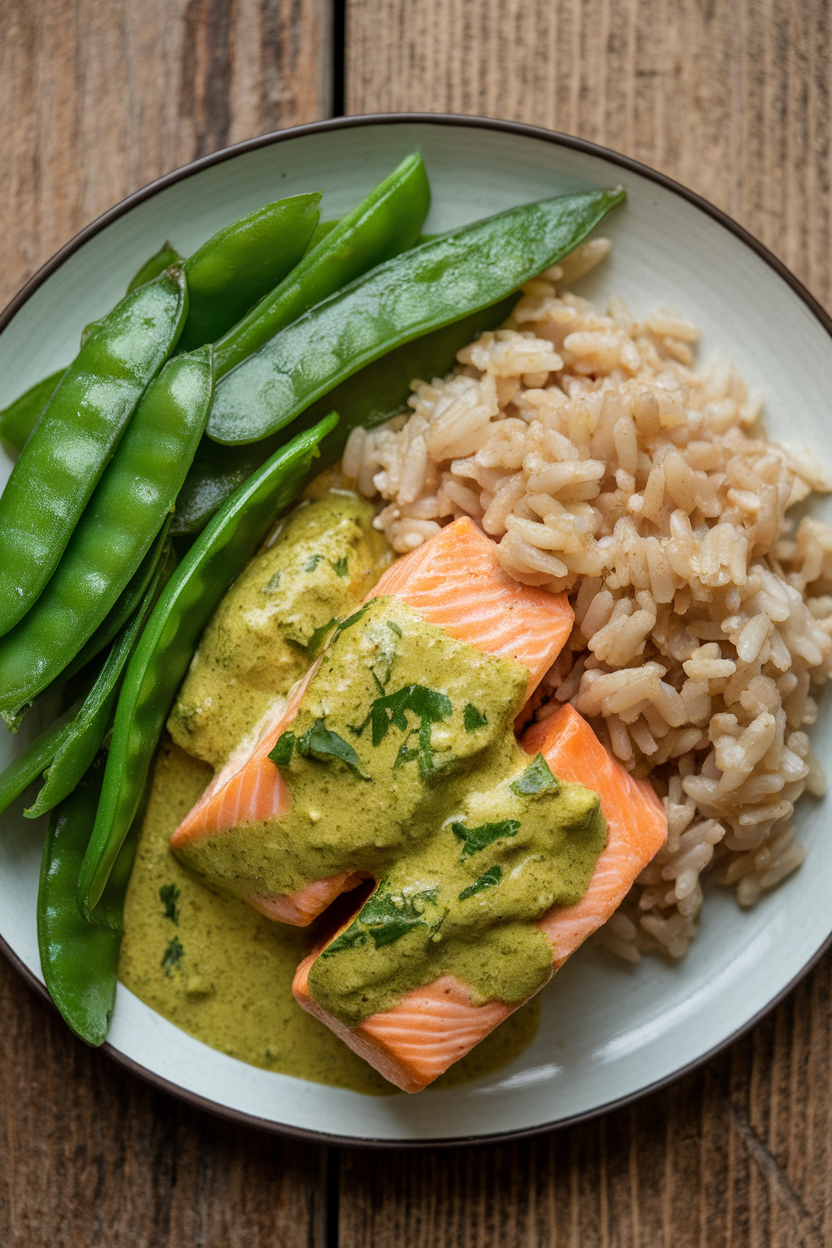 Indoor photo of green curry salmon chunks, brown jasmine rice, and crisp snow peas on a plate. No text or logos.