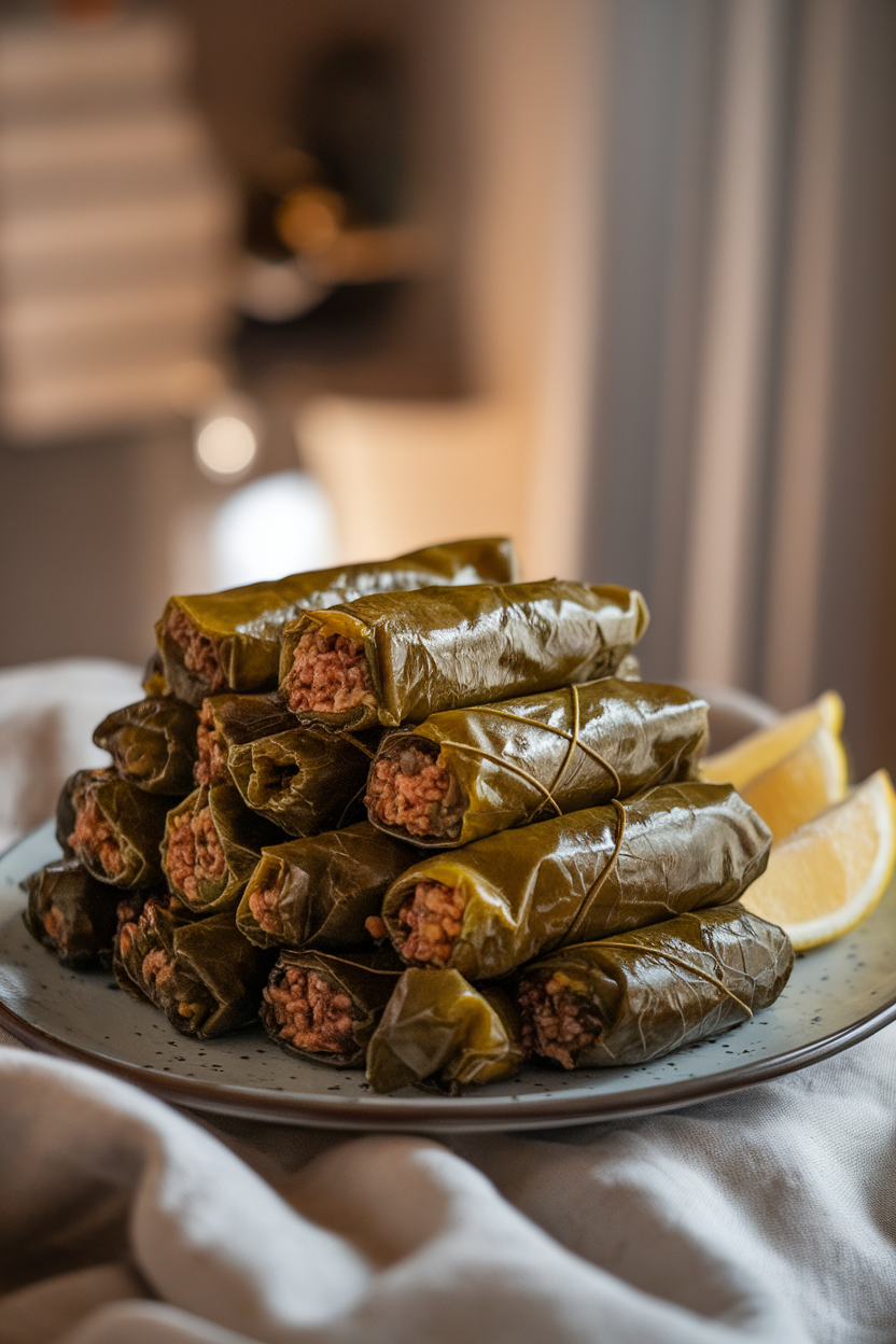 Photo of an indoor plate stacked with glistening stuffed grape leaves served with lemon wedges; cozy indoor light, no text or logos
