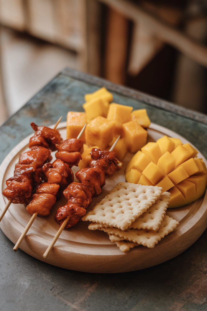 Indoor tabletop with a board holding Gochujang-glazed chicken bites, pepper jack cubes, sliced mango, and sesame crackers; no logos