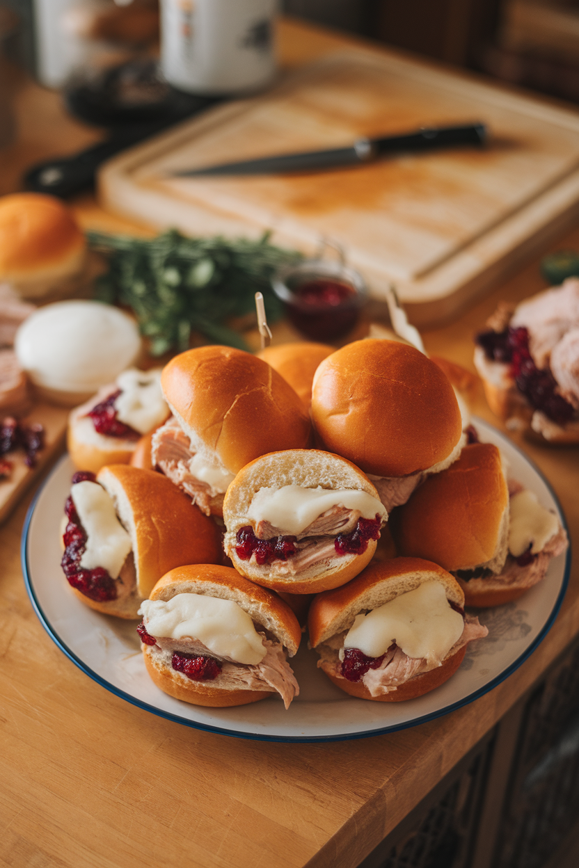 Indoor kitchen island showing mini brioche buns filled with roast turkey, cranberry sauce, and melty provolone cheese. No text or logos. Photo only.