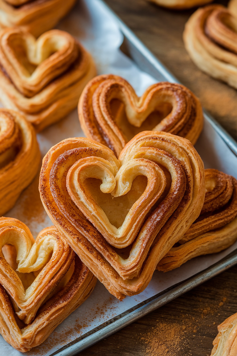 Indoor tray of heart-shaped palmiers with caramelized cinnamon sugar layers, flaky puff pastry visible. Photo, no text or logos.