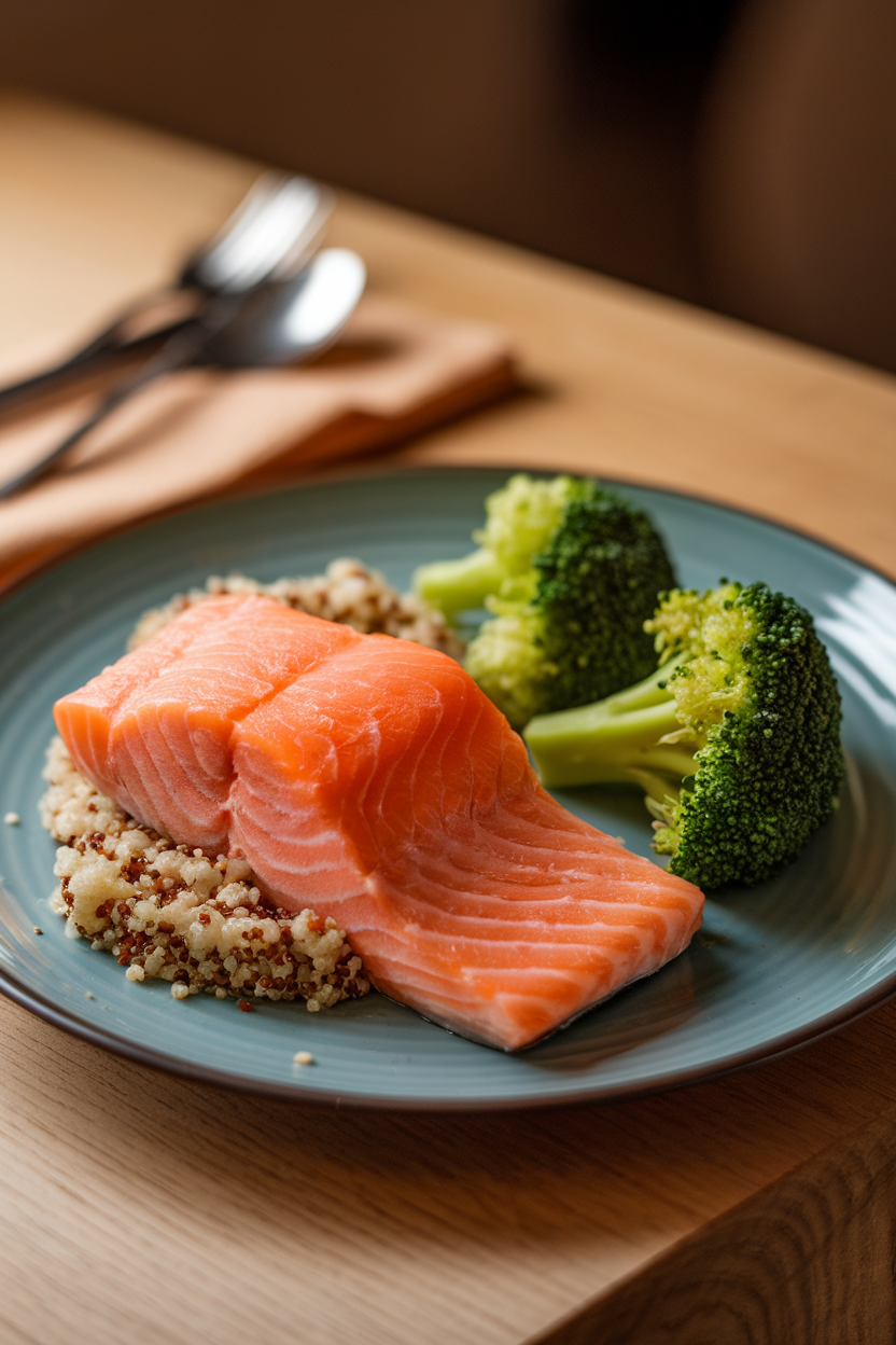 An indoor dinner plate featuring salmon, quinoa, and steamed broccoli—three distinct colors—under warm lighting; no text or logos; photo