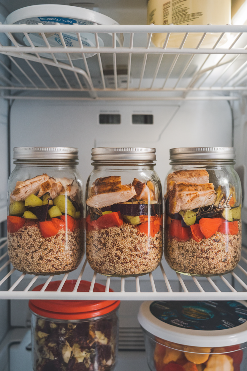 Three mason jars layered with quinoa, roasted vegetables, and grilled chicken lined up on an indoor fridge shelf. No branding visible.
