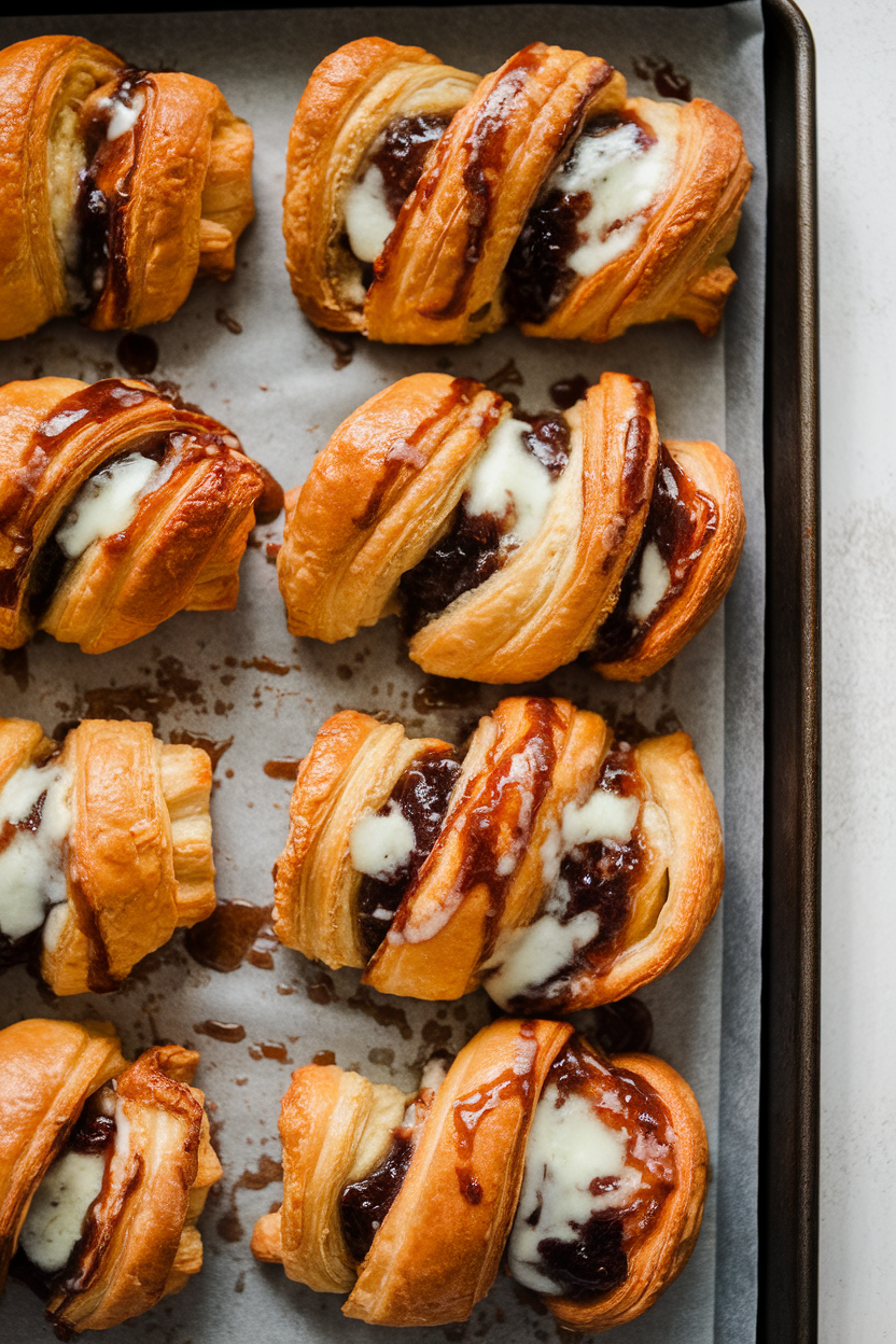 An indoor baking sheet lined with golden puff pastry twists, cheese oozing slightly, fig jam glaze visible, no text or logos.