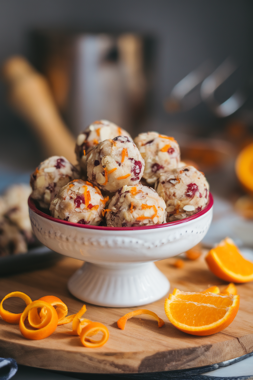 Photo of an indoor serving dish with orange-flecked cranberry almond energy balls, orange zest curls scattered nearby. No text or logos.