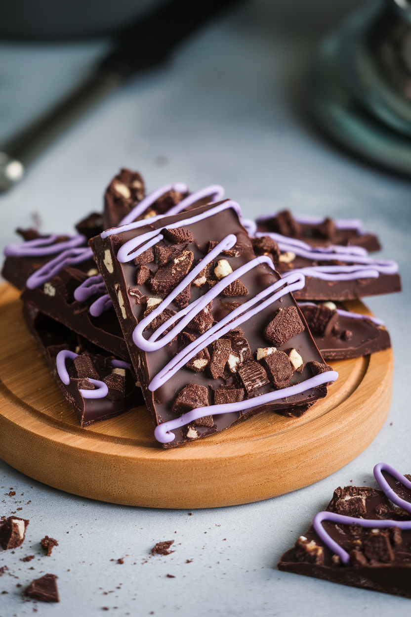 Dark chocolate bark embedded with crushed chocolate cookies and purple candy drizzle, indoor light, no text or logos.