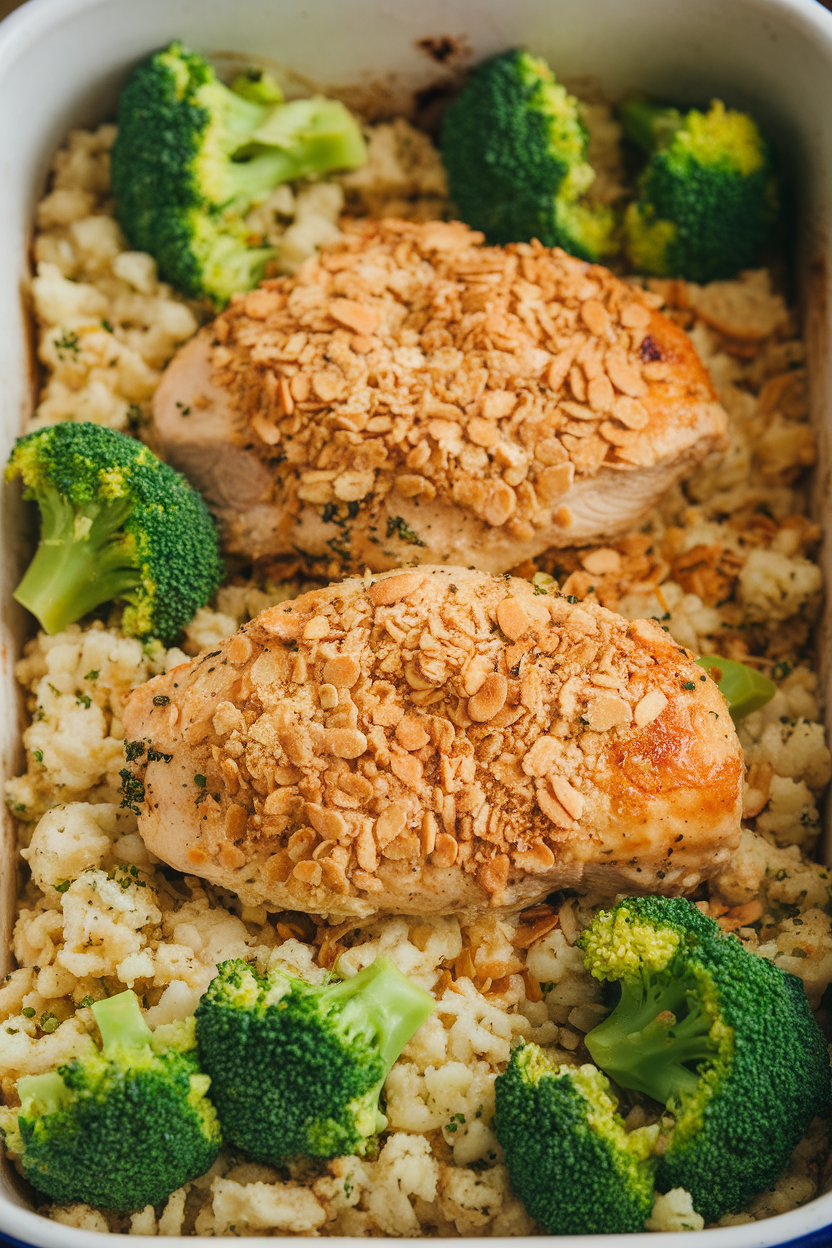 A photo of a bubbling casserole featuring diced chicken breast, vibrant green broccoli florets, and cauliflower rice, topped with a light almond flour crumb, taken indoors under warm lighting. No text or logos present.