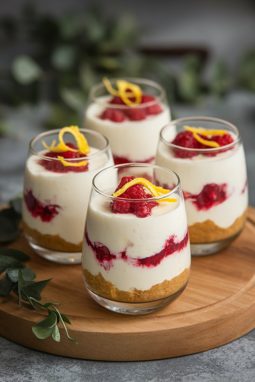 Indoor dessert glasses layered with light cheesecake filling, raspberry sauce, and lemon zest garnish. No text or logos. Photo only.