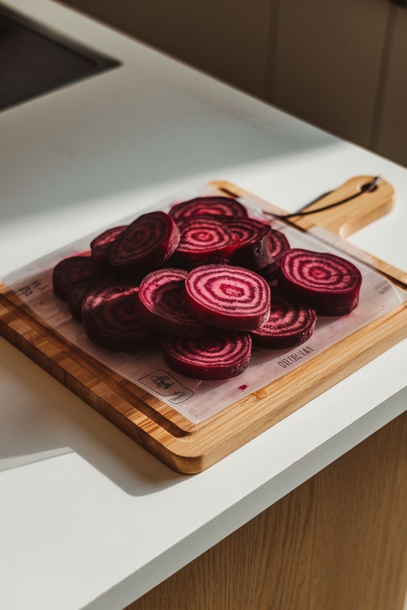 Photo, indoor kitchen island showing vacuum-packed cooked beet rounds on a cutting board, soft bounce light, no logos.