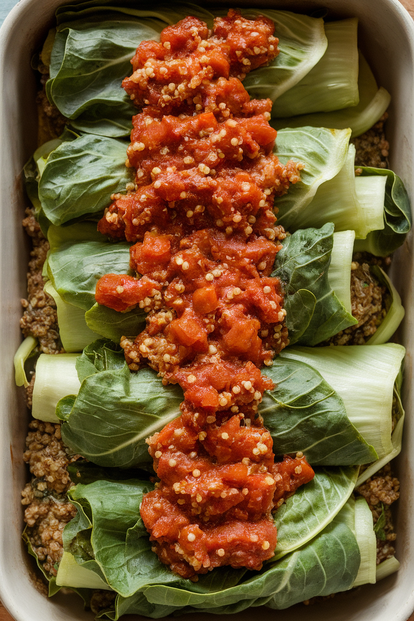 Indoor baking dish of blanched collard leaves rolled around quinoa filling, topped with chunky tomato sauce, no text or logos.